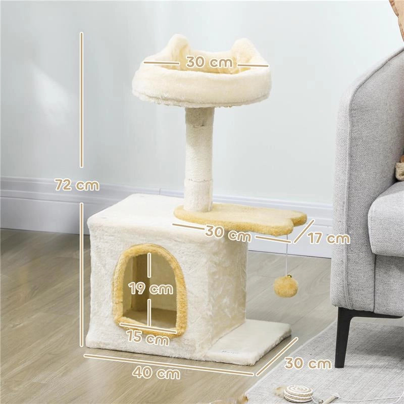 ALBERO TIRAGRAFFI PER GATTI CON POSATOIO E CASETTA, IN LEGNO, PELUCHE E SISAL, 40X30X72 CM, BEIGE E GIALLO