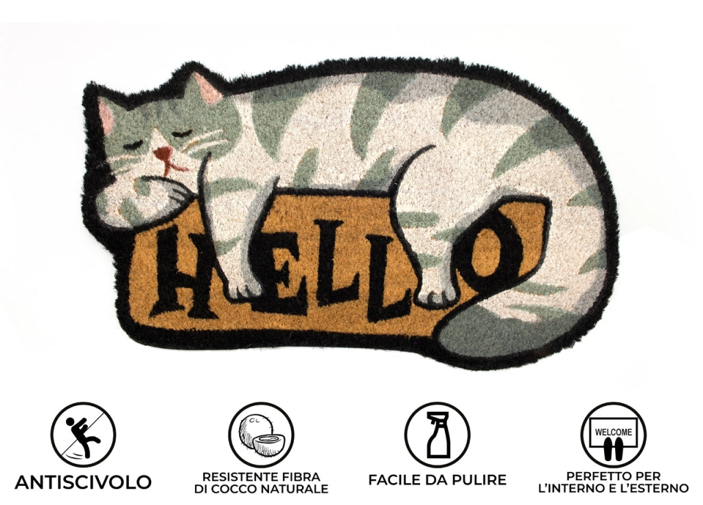 Zerbino Entrata Ingresso Esterno Antiscivolo Cocco Animal Cat Hello