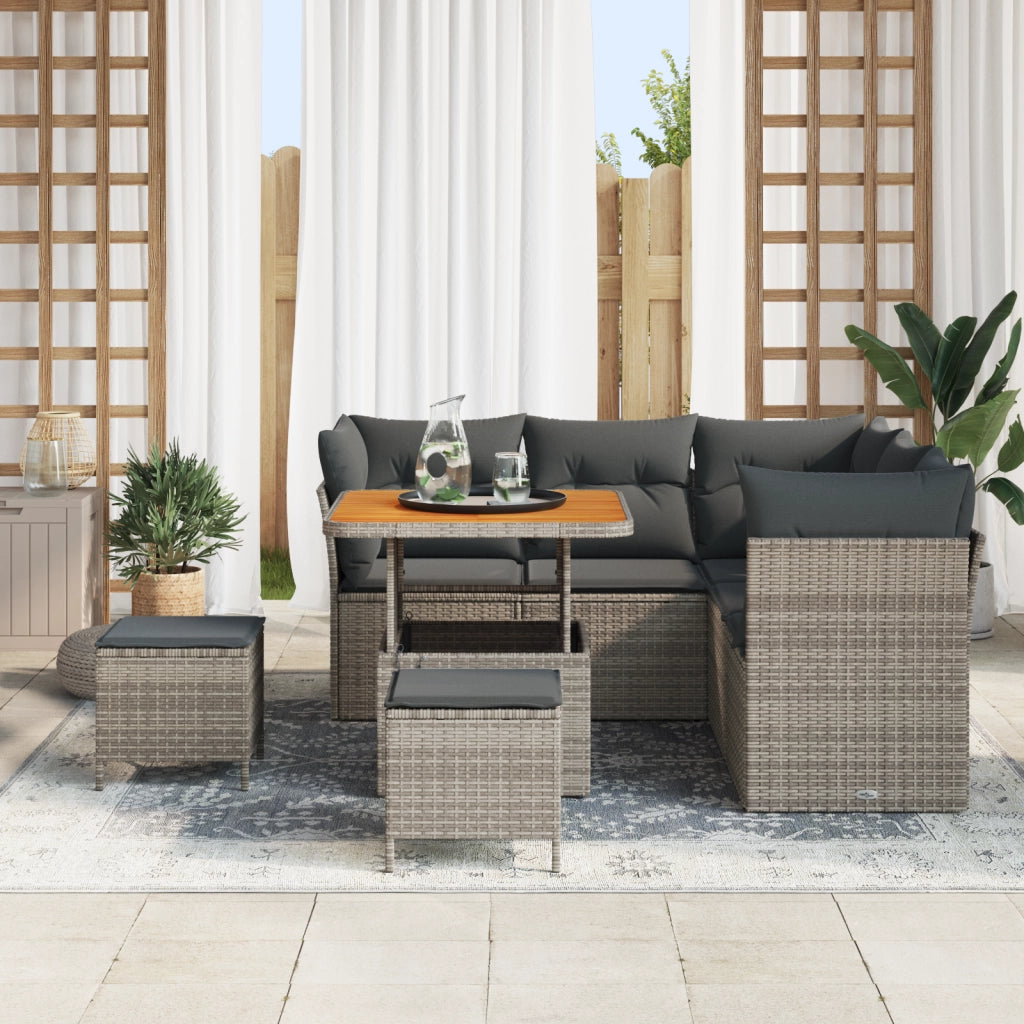 Set Divano da Giardino 8 Pezzi con Cuscini Grigi in Polyrattan e Acacia