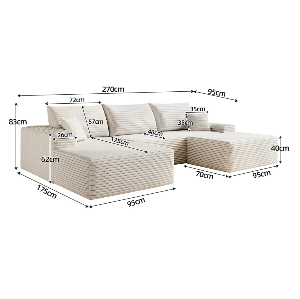Divano in tessuto bianco 270x175x83 cm, montaggio rapido