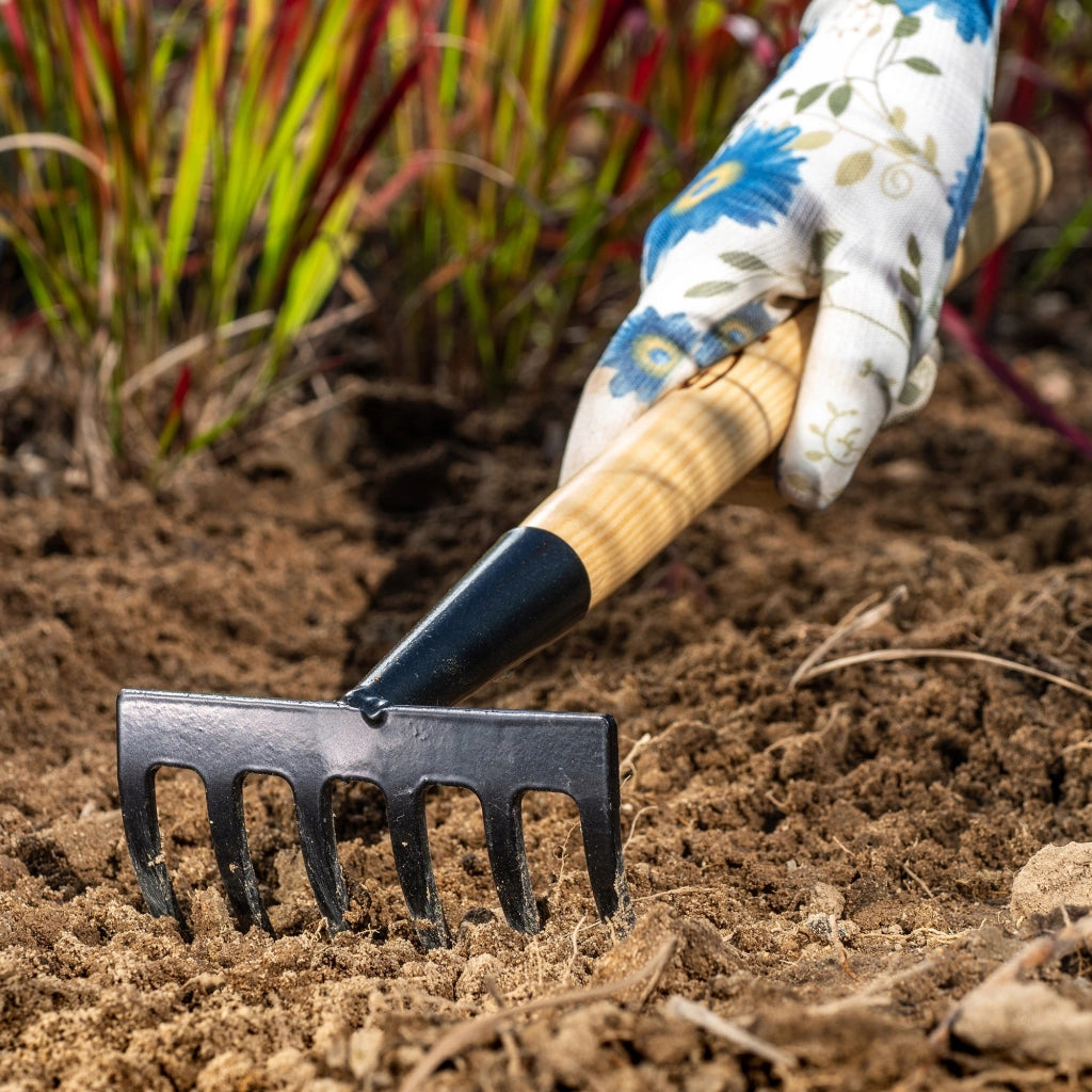 Rastrello da giardino in metallo KADAX, piccolo, 33 cm, 6 denti, manico in legno massello