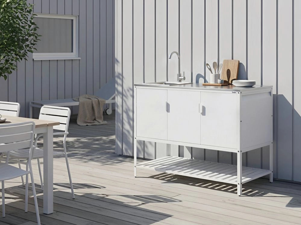 Mobile da cucina da esterno bianco in acciaio inossidabile a 3 ante con piano superiore Cucina da giardino Sala da pranzo