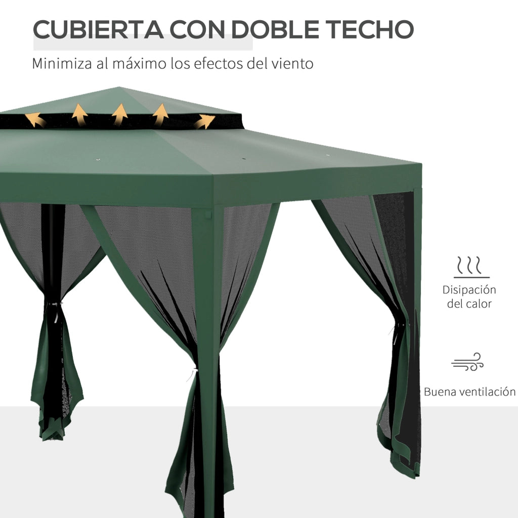 Gazebo da giardino 3x3 m ¨C Minimal ¨C verde con 4 zanzariere laterali e tetto doppio