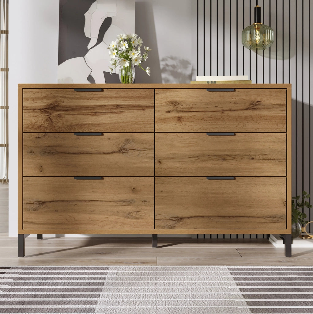 Comò con 6 cassetti 120x40x76 cm in truciolare e metallo; Rovere scuro