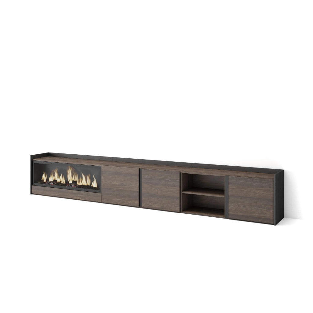 Mobile TV Soggiorno, 315x50x35 cm, Per TV fino a 80", Camino elettrico XXL, Rovere scuro e Nero
