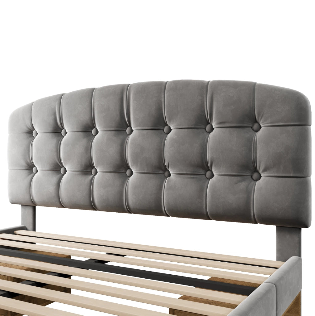 Letto imbottito 140x190 cm con testiera regolabile e cassetti; rete a doghe; velluto grigio