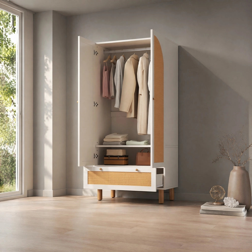 ARMADIO 180.5x85.5x52 cm Bianco con rattan, 2 porte e cassetto