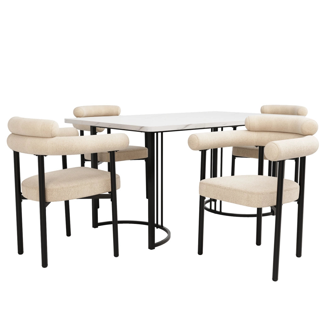 Tavolo da pranzo con 4 sedie, gambe in metallo e sedute in velluto, per cucina e sala da pranzo, beige e bianco