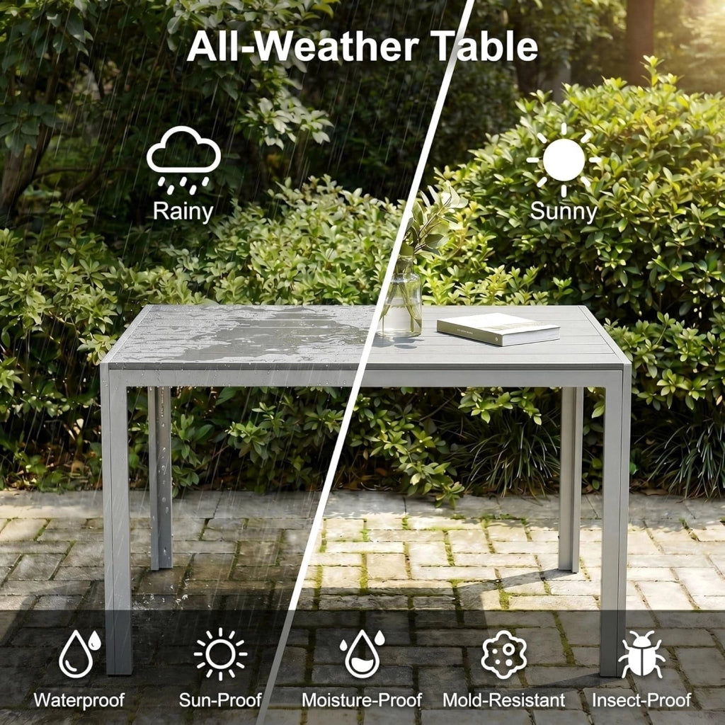 Tavolo da Giardino 110x70 cm, Tavolo da Terrazzo in WPC per 4-6 Persone, Tavolo da Balcone Resistente alle Intemperie con Telaio in Alluminio, Design Effetto Legno,Grigio Totale