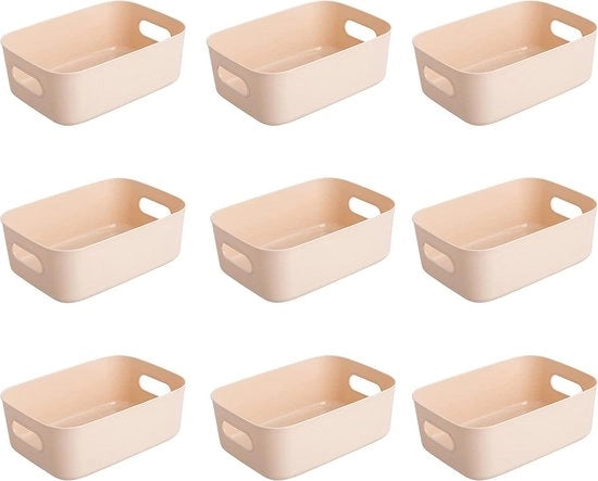9 contenitori di stoccaggio piccoli, contenitore di stoccaggio in plastica, articoli da bagno, contenitori di stoccaggio, organizzatore con maniglie per mensole, cucina, ufficio, frigorifero, bagno, 20 x 14,5 x 7 cm (rosa abricot)