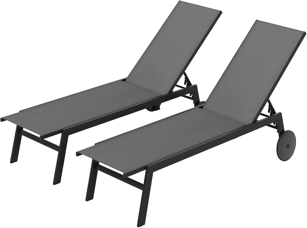 Set di 2 Sdraio da Giardino Reclinabili, Sedia da Abbronzatura Piatta in Metallo Resistente con Schienale 6 Posizioni e Tessuto Traspirante, per Bordo Piscina e Terrazza (Grigio,2)