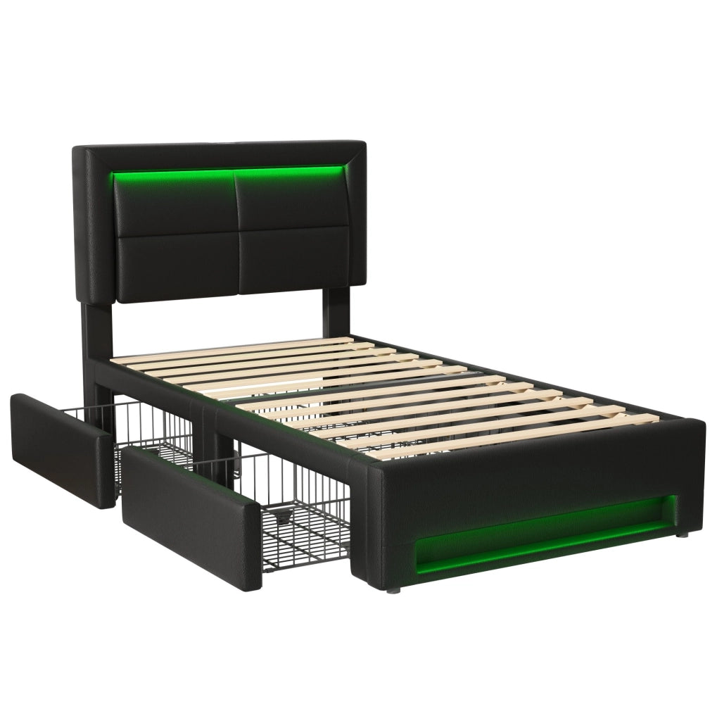 Letto imbottito 90x190 cm con USB; luce LED e 4 cassetti; in PU nero