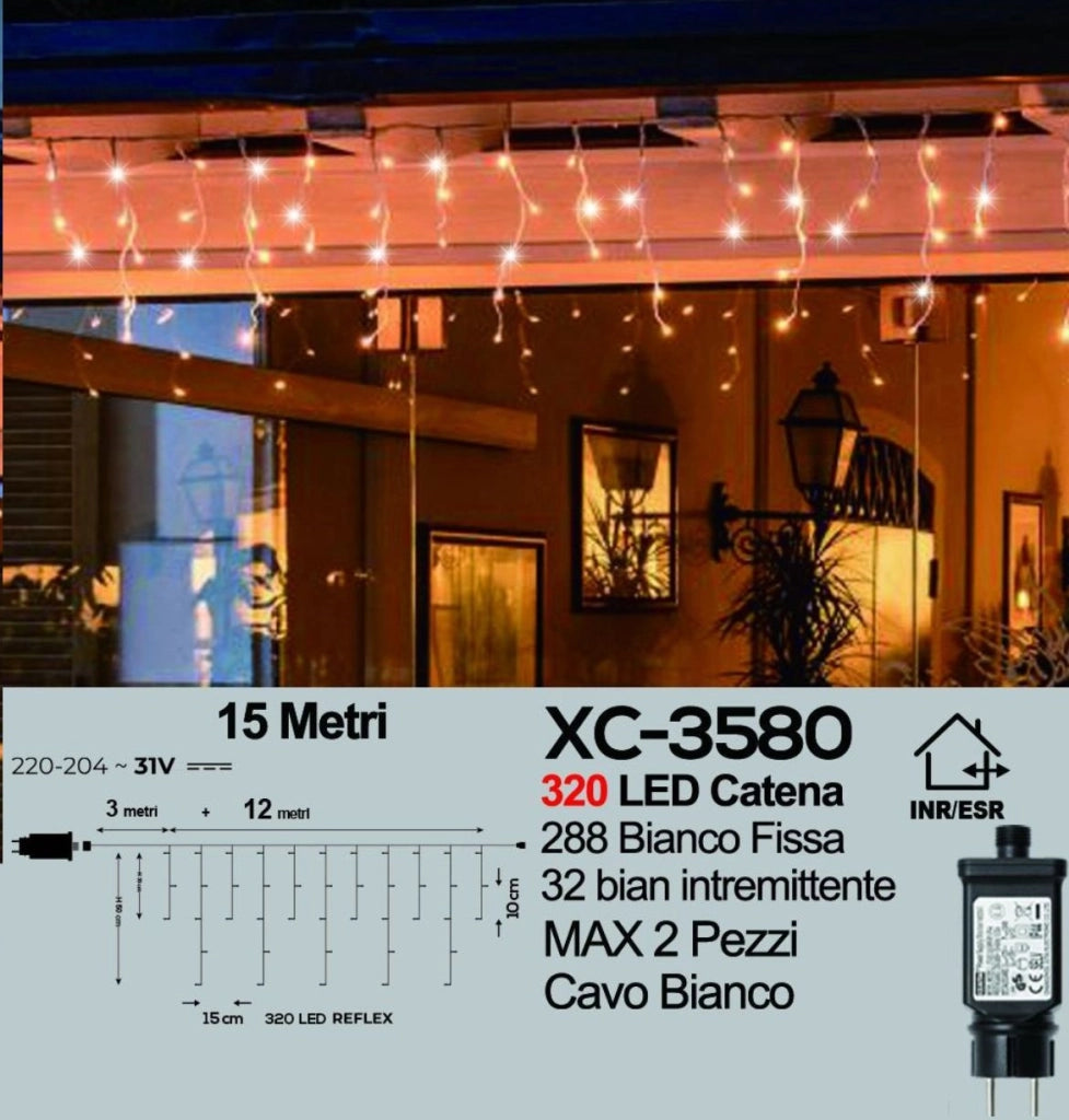 Tenda Luminosa LED 15 Mt 320LED Calda + Flash Bianca IP44 Esterno Interno Natale Festa Matrimonio Decorazioni Luminarie prolungabile