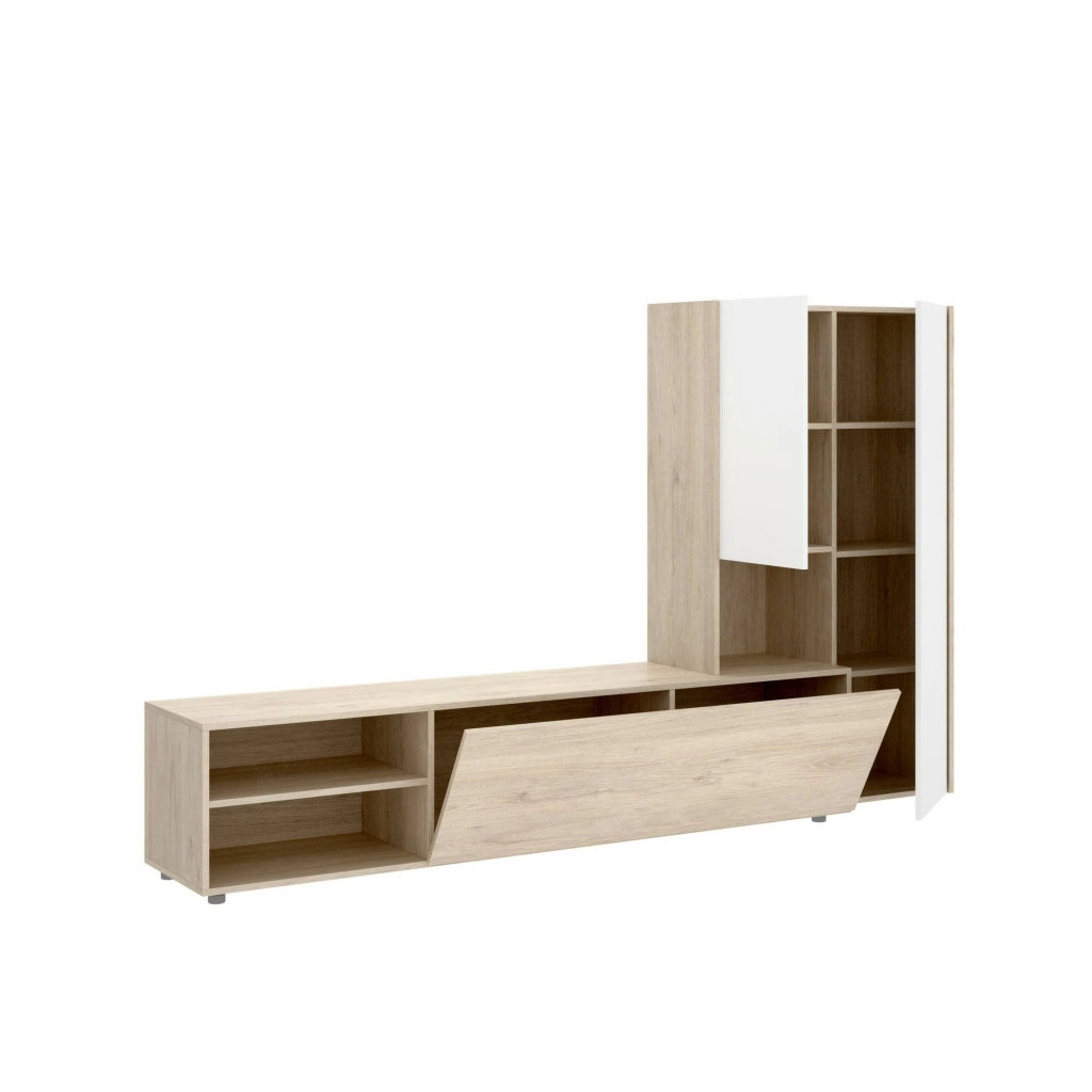 Parete attrezzata Abrino, Composizione soggiorno, Mobile salotto multiuso, Armadio porta TV, 227x40 h141 cm, Bianco e Rovere