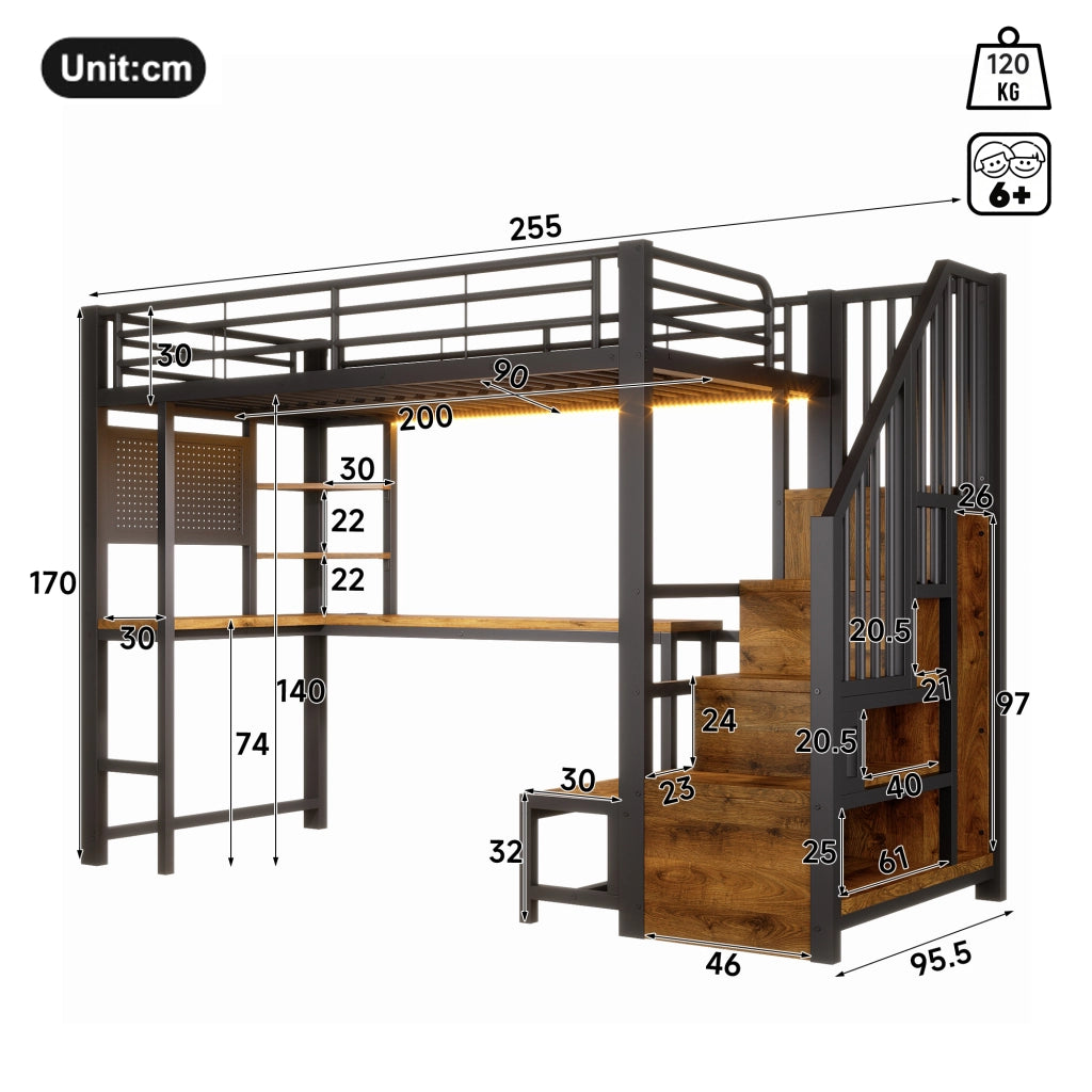Letto a soppalco in metallo 90x200 cm, letto alto matrimoniale con scrivania, pannello forato, scala contenitore, prese USB/USB-C, ripiani e illuminazione LED, nero