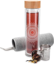 Tazza per tè con filtro 500 ml bicchiere in doppio vetro - bicchiere per acqua con coperchio in bambù - infusore per tè - Sole Indian