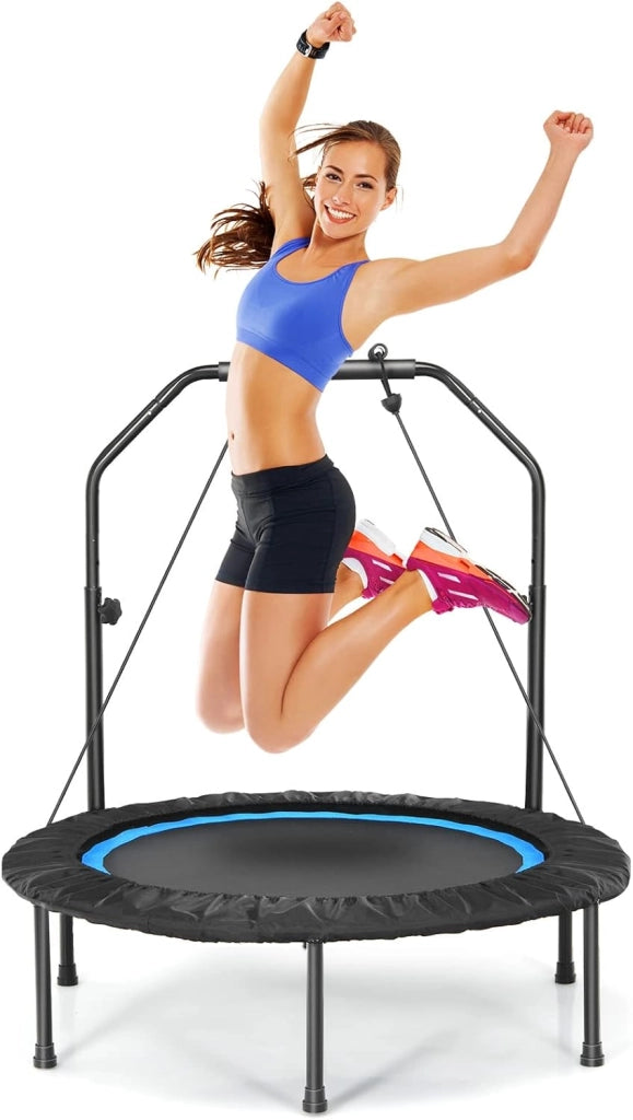 Tappeto Elastico 2 in 1 Ø101 cm, Trampolino Elastico Fitness da Interno e Esterno con Manico Regolabile in Altezza e 2 Fasce di Resistenza, Mini Trampolino Pieghevole fino a 150 kg, Nero+Blu