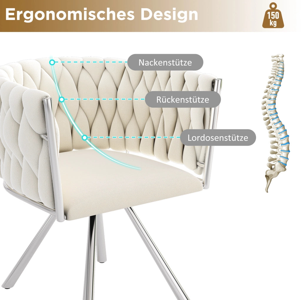 Sedie da pranzo girevoli in velluto beige e argento; set 2; con schienale ergonomico
