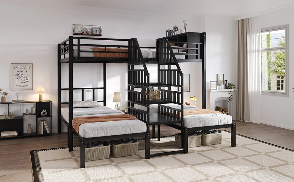 LETTO A CASTELLO 239x208x161 cm Nero in Metallo e Legno, 3 posti