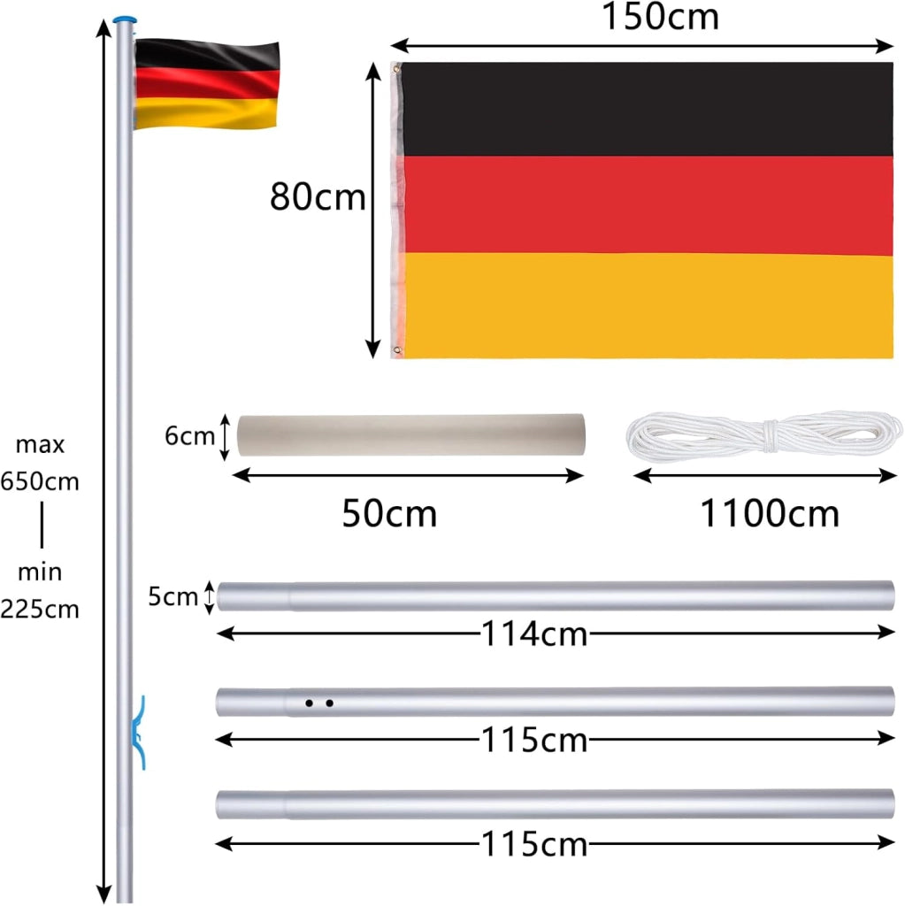 Asta per bandiera, in alluminio, 6,5 m, regolabile in altezza, con bandiera della Germania, per balcone, giardino