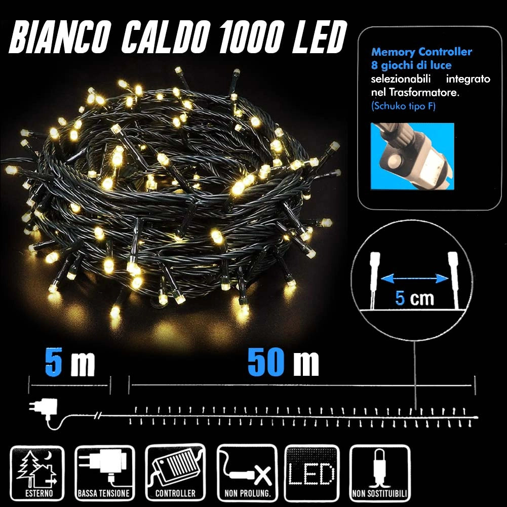 Catena Luminosa 1000 LED Mini Lucciole Bianco Caldo 8 Funzioni Interno Esterno