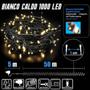 Catena Luminosa 1000 LED Mini Lucciole Bianco Caldo 8 Funzioni Interno Esterno