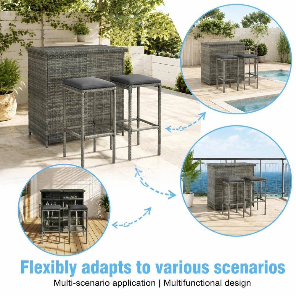 3 Pcs. Bar Set Poly Rattan Gray