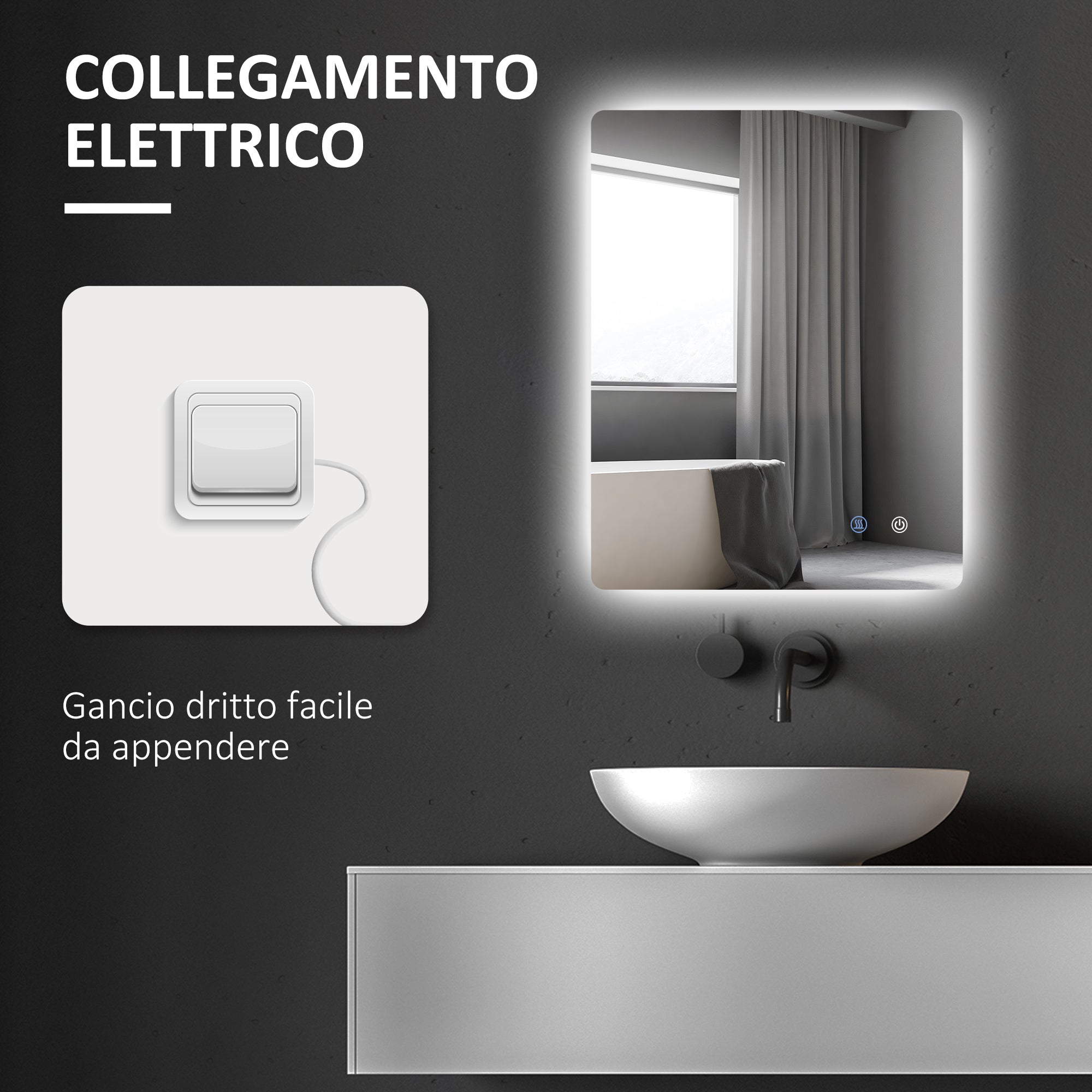 Specchio Bagno con Luci LED  3 Tonalità 70x50 cm Interruttori Touch e Funzione Antiappannamento
