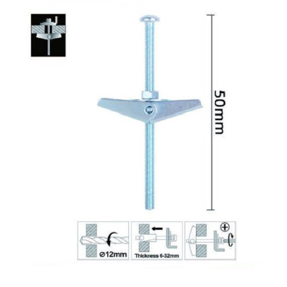 Trade Shop - Set 2 Pz Ancora A Farfalla In Acciaio Con Dado E Rondella Tassello M4x50mm 57224 -