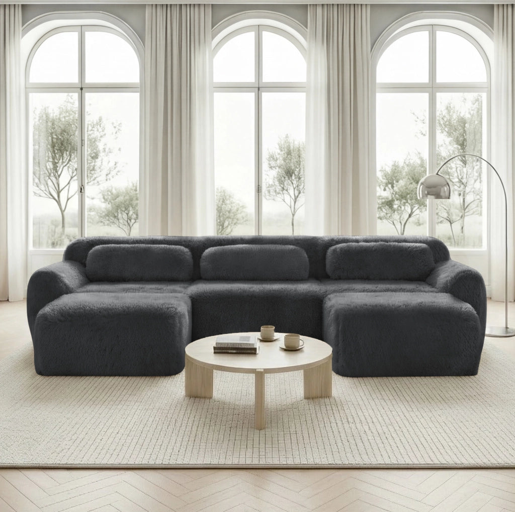 Divano modulare senza struttura in tessuto plush; 291×179×73 cm; grigio
