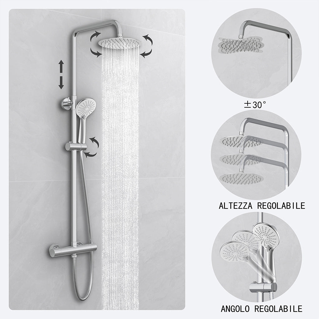Kit doccia con miscelatore termostatico, soffione rotondo da 20cm, doccetta tonda 23x10.8cm, colonna doccia regolabile 72-120cm, cromo