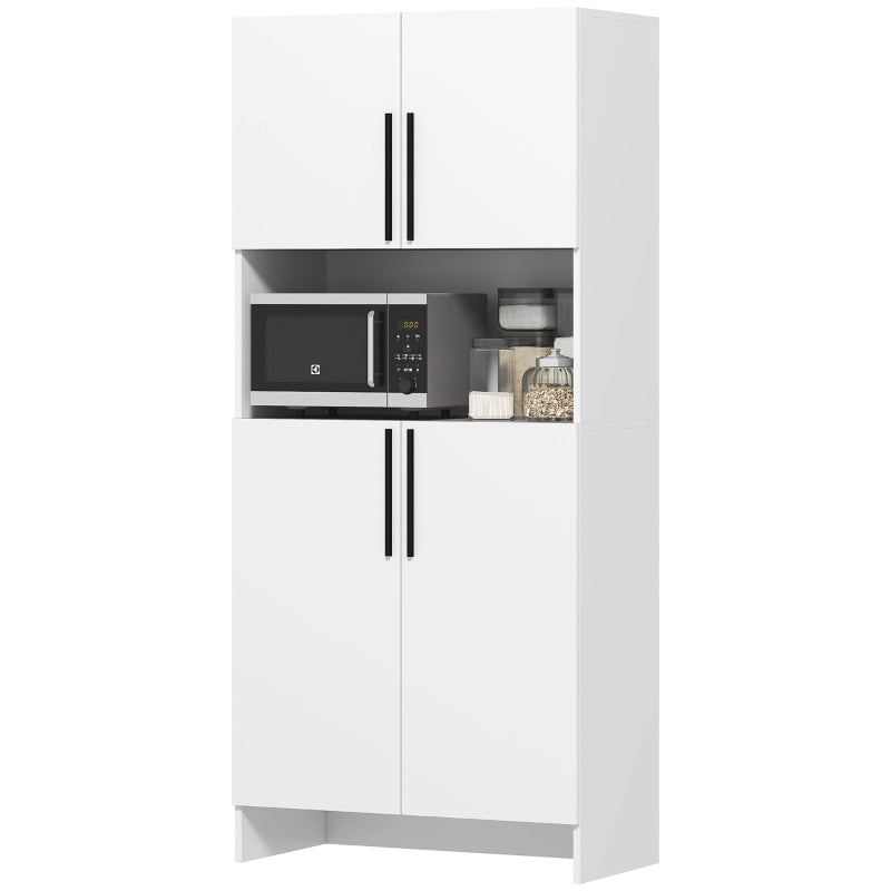 Credenza alta con 2 ante e piano d'appoggio per microonde, in legno, bianco, per cucina e soggiorno, 79 × 40 × 175 cm
