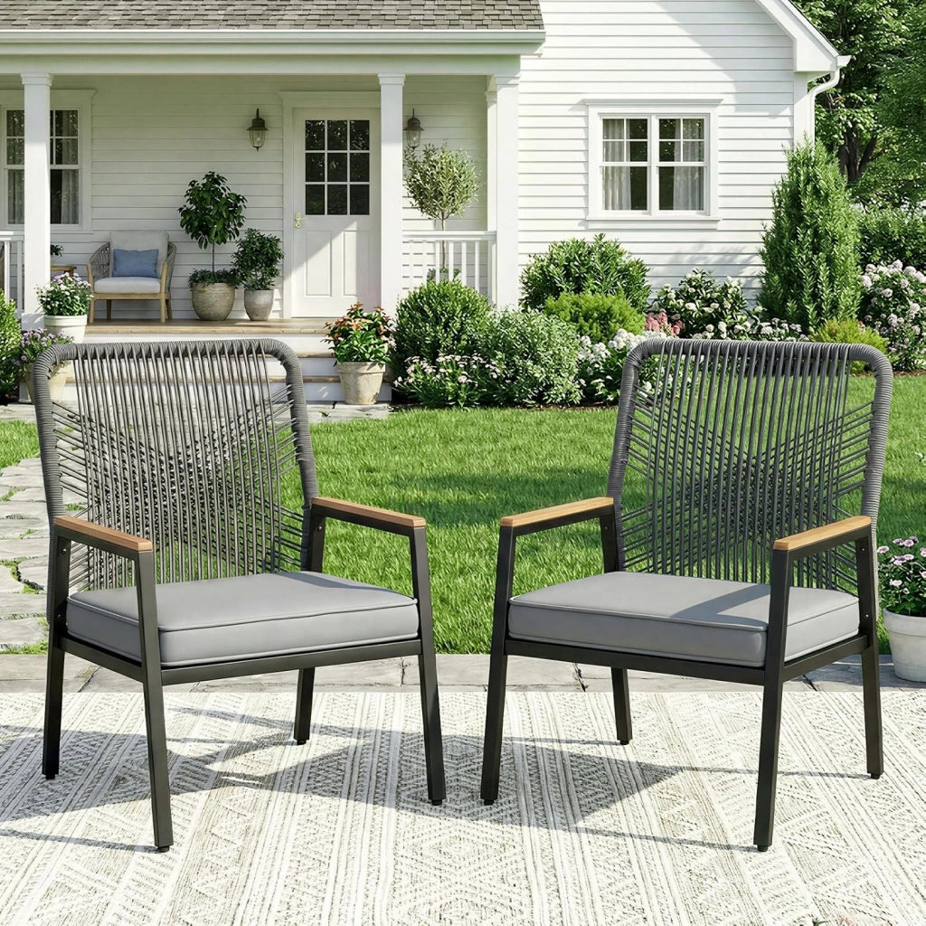 Sedie da giardino in rattan, Set da 2, Sedie da patio resistenti alle intemperie, Sedie da balcone in metallo, Portata massima 160 kg, Braccioli in WPC, Per patio, giardino e veranda, Grigio