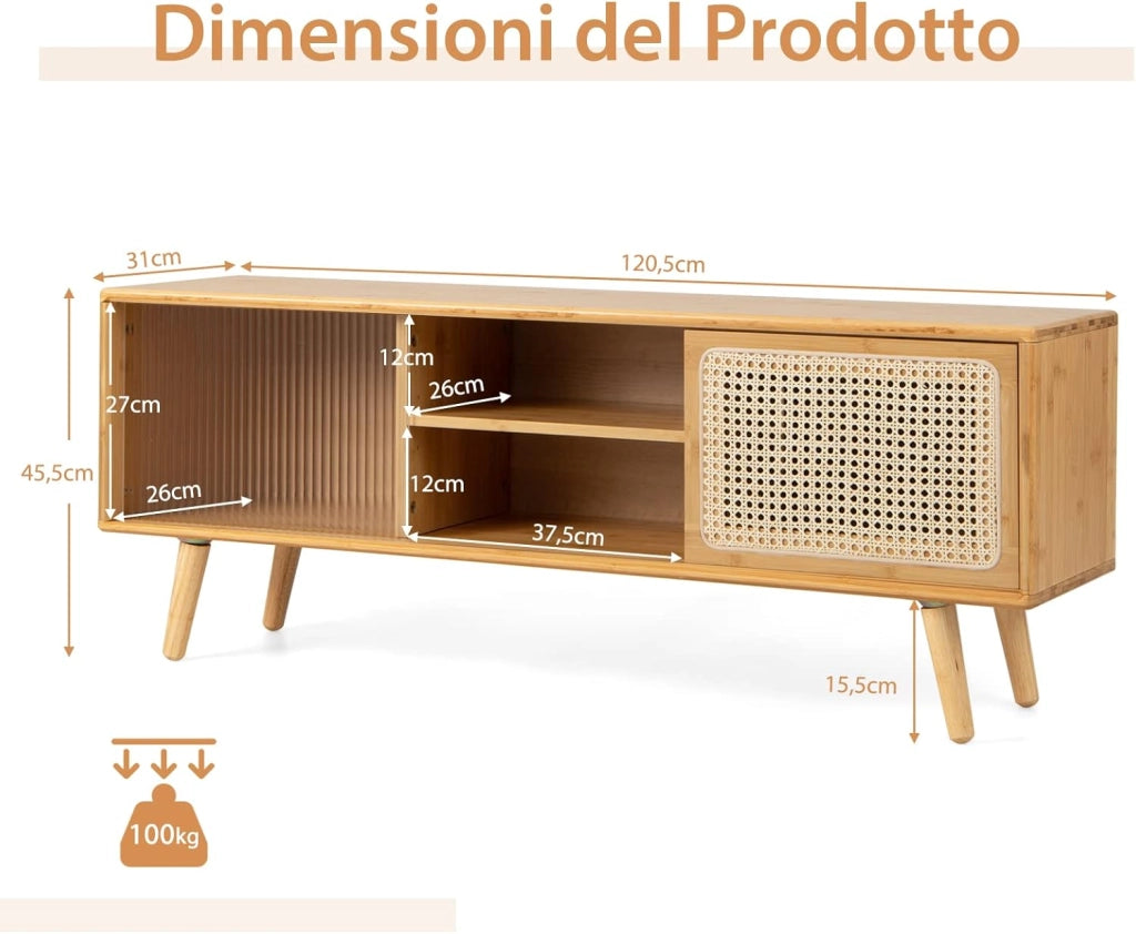 Mobile TV per TV Fino a 55", Mobile Porta TV Salloto, Mobiletto Soggiorno con 2 Ante Scorrevoli, Tavolo Consolle con Gambe in Legno Gamba, 120,5 x 31 x 45,5 cm (Naturale)