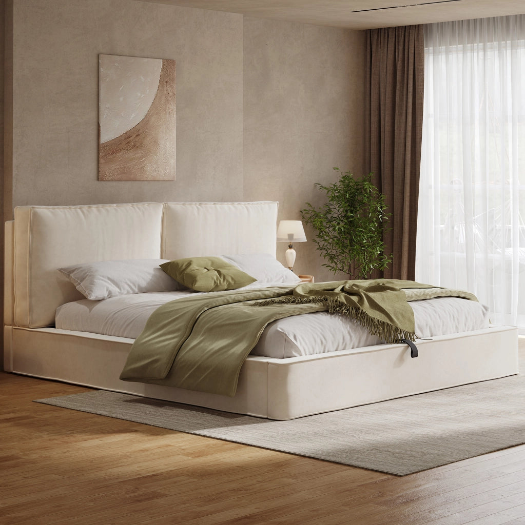 Letto imbottito 180x200 cm con contenitore idraulico in velluto beige
