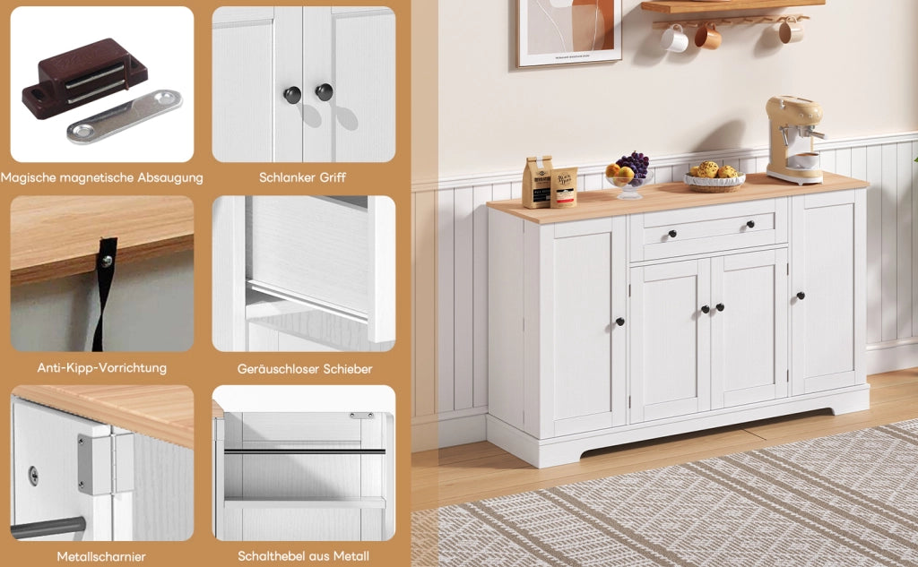 Credenza moderna da cucina 138 cm con cassetto e ante; in MDF naturale e bianco