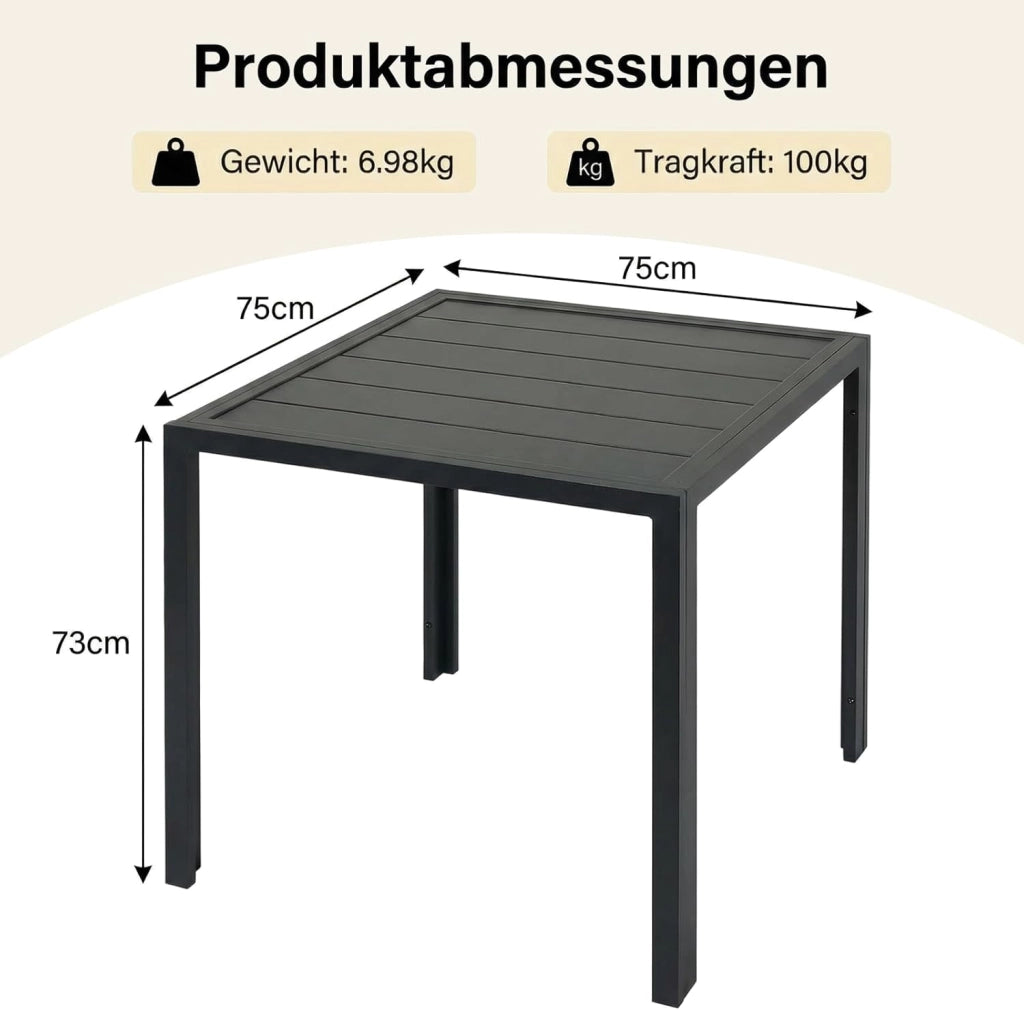 Tavolo da giardino in Alluminio, 75x75 cm Quadrato Tavolo da Esterno in Metallo per Balcone Terrazze, Inossidabile, Resistente Alle Intemperie, Facile da montare, Nero, Ampio Pannello 11 cm