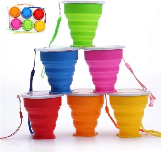 Bicchiere da campeggio pieghevole 6 oz - multicolore - siliconizzato - con coperchio - multifunzionale - riutilizzabile - tazza per campeggio - escursioni - picnic.