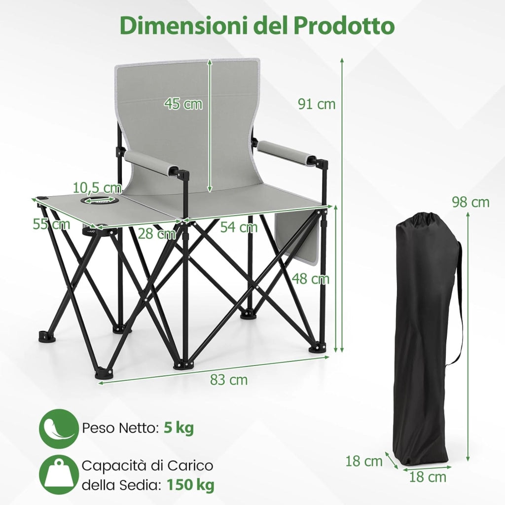 Sedia da Campeggio con Tavolino Laterale, Sedia da Picnic Pieghevole con 2 Tasche, Portabicchieri, Braccioli Imbottiti, Borsa da Trasporto, Portata 150 kg (Grigio)