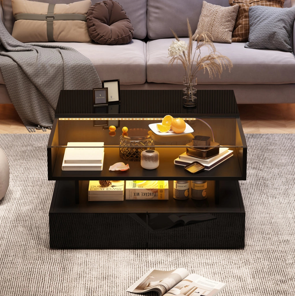 Tavolino da salotto nero 80x80 cm con piano elevabile, LED e 2 cassetti