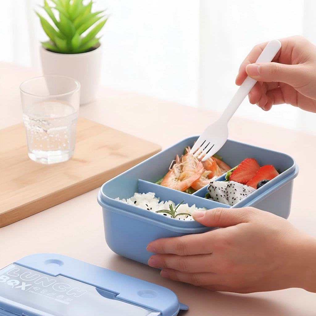 Contenitore per alimenti da 700 ml a 3 scomparti con cucchiaio e forchetta Blu Cheffinger