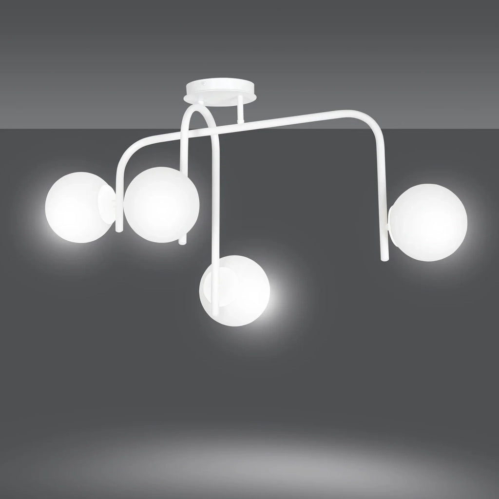Lampadario 4 Luci Rama In Acciaio Bianco A Bracci E Sfere In Vetro Opalino