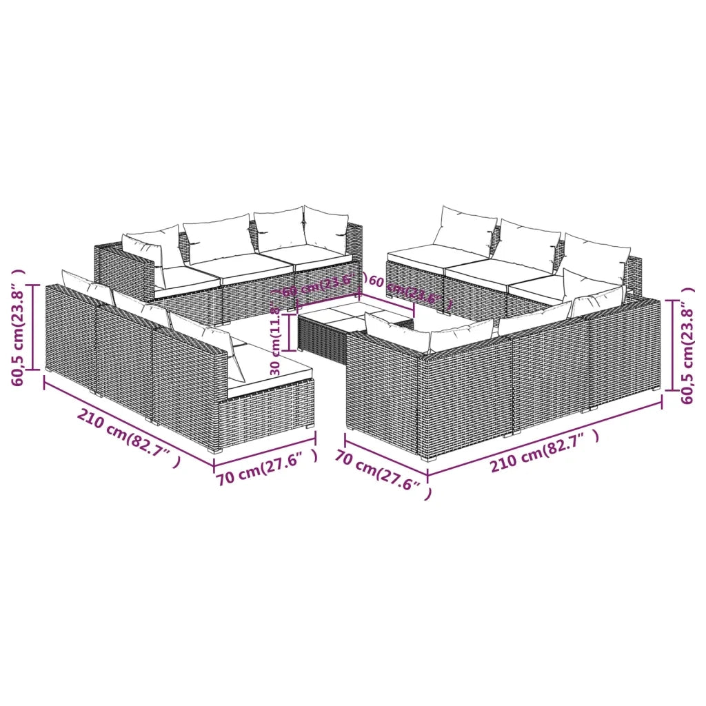 Set Divani da Giardino 13 pz con Cuscini in Polyrattan Nero cod mxl 34605
