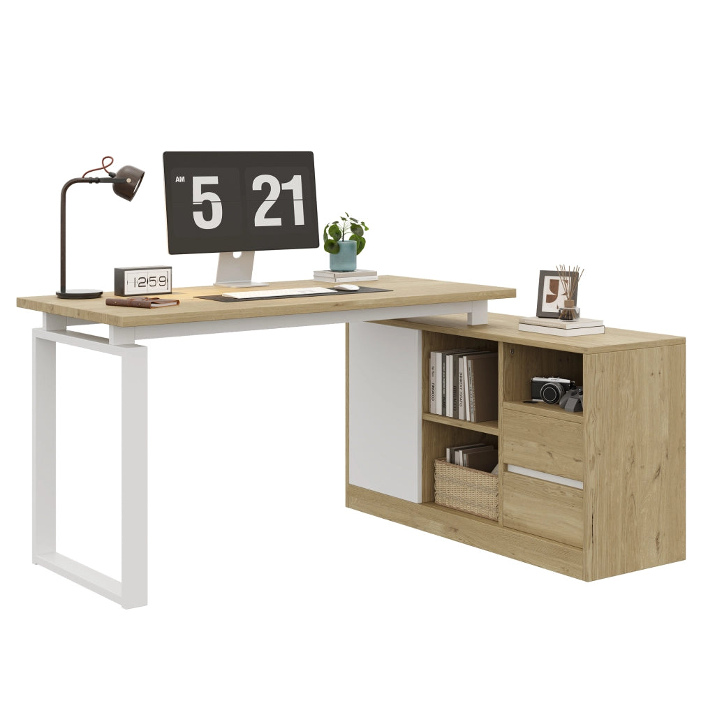 Scrivania Angolare con Cassetti e Ripiani ¨C MINIMAL ¨C Legno Naturale e Bianco 152x113x76