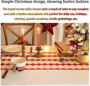 Tavolo da Pranzo in Tela Rugginata Rossa/Beige - Decorativo - Natale - Cucina - 30 x 180 cm - Materiale Sovraccosto con Piumini - Tavolo Coperto