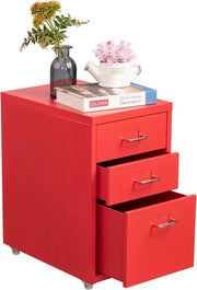 Archivio mobile con 3 ripostigli, cartella per documenti sotto il tavolo, cassettino metallico con ruote per ufficio casalingo, rosso