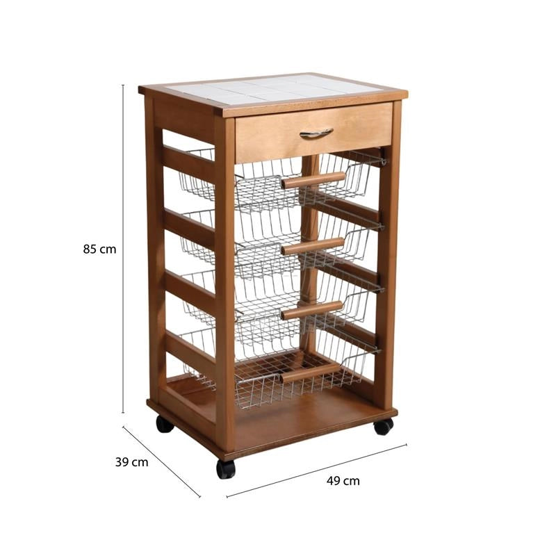 CARRELLO VESUVIO CON CASSETTO ROVERE IN FAGGIO BASE INFERIORE MULTISTRATO DI BETULLA 1 CASSETO 4 CESTELLI PIANO MATTONELLE IN CERAMICA