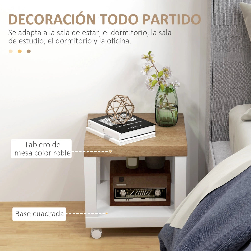 Tavolino con Ruote e Ripiano Aperto ¨C Zephmum ¨C Naturale e Bianco 40x40x40 cm