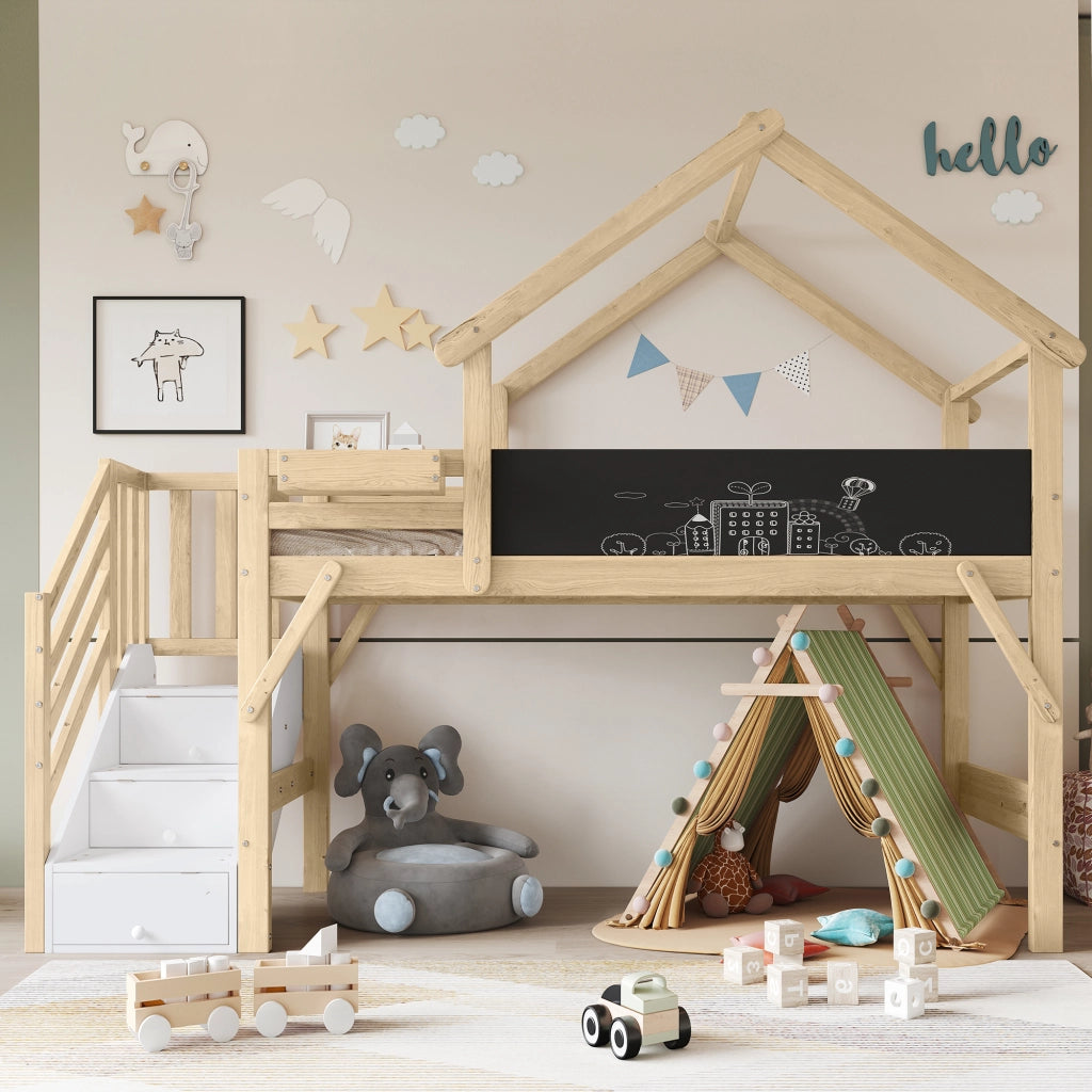 DESMIU Letto a castello 1 posto con barriera, lavagna e 3 vani nella scala, 90 × 200 cm, senza materasso
