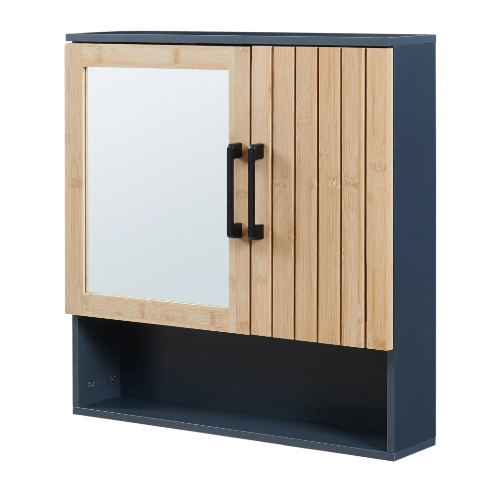 Mobiletto da Parete Svanes a Specchio Armadietto Pensile da Bagno con Ante in Bambù 58 x 56 x 13 cm - Grigio Scuro/Naturale [en.casa]